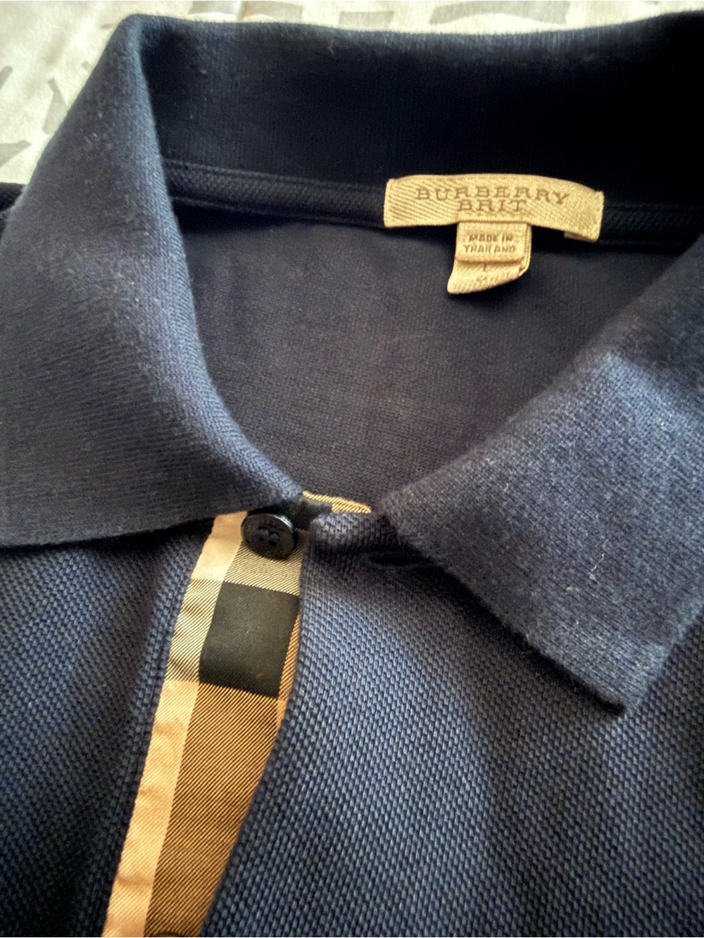Burberry Navy Polo with Beige Check Trim